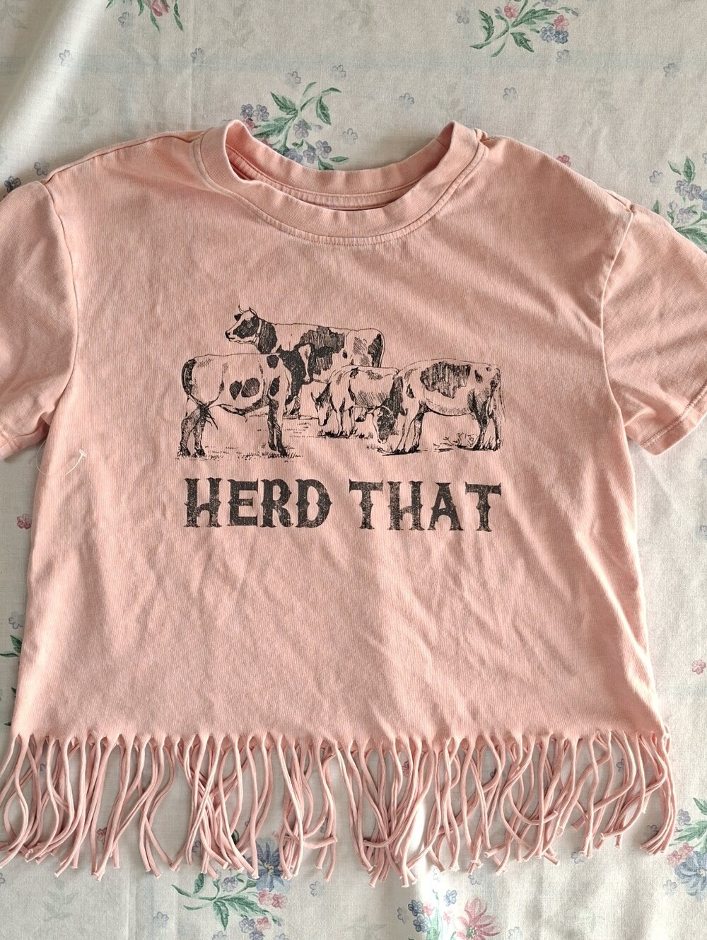 Pink Cow Print Fringe Cropped Bany Tee